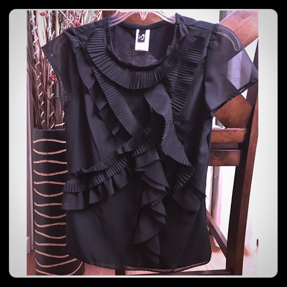 Black dressy top -sheer back-pressed ruffle detail